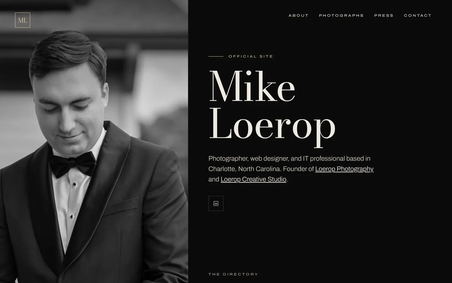 The About page, using the same split layout as the homepage