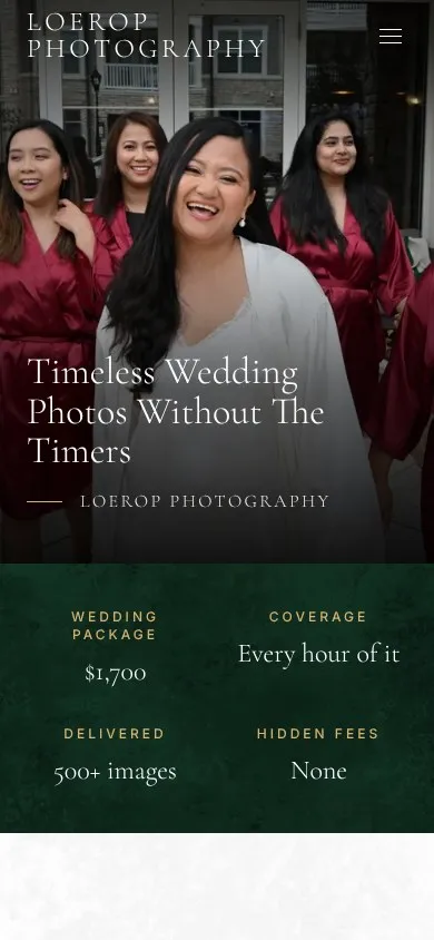 Loerop Photography homepage on a phone, with the price, coverage, and delivery facts below the hero